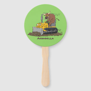 Funny bull driving bulldozer cartoon hand fan