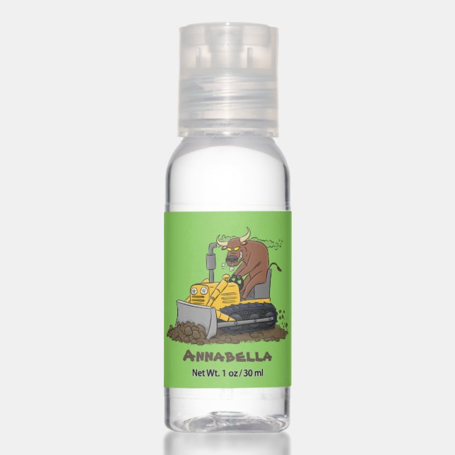 Funny bull driving bulldozer cartoon hand sanitizer (Front)