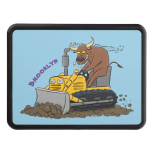 Funny bull driving bulldozer cartoon hitch cover