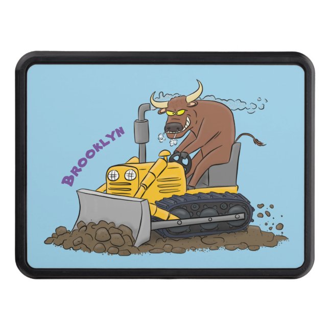 Funny bull driving bulldozer cartoon hitch cover (Front)