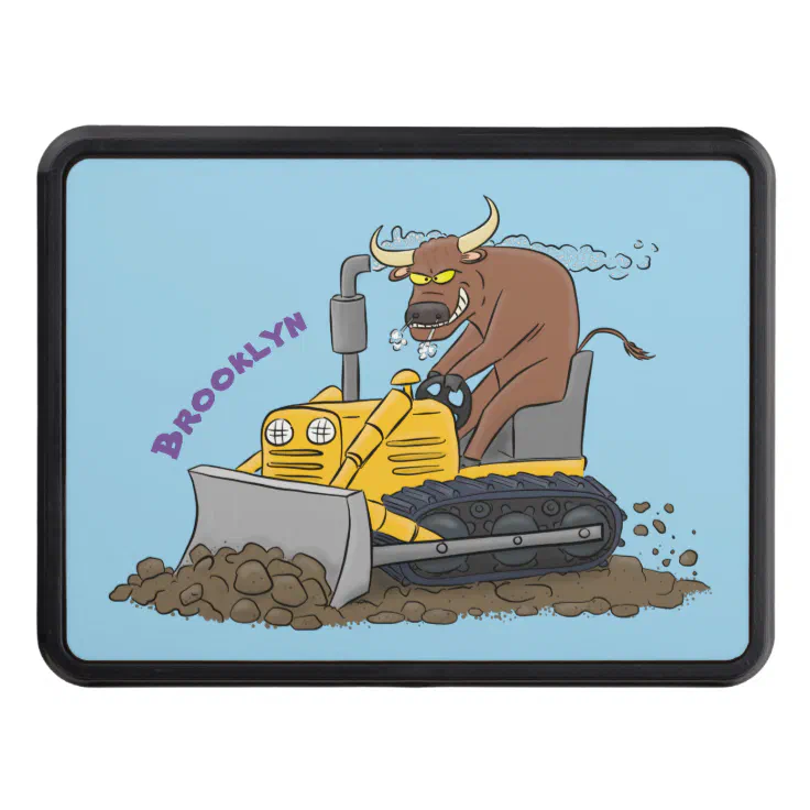 Funny bull driving bulldozer cartoon hitch cover | Zazzle