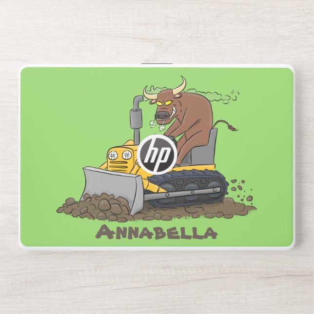 Funny bull driving bulldozer cartoon HP laptop skin (Front)