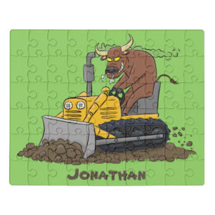 Funny bull driving bulldozer cartoon jigsaw puzzle