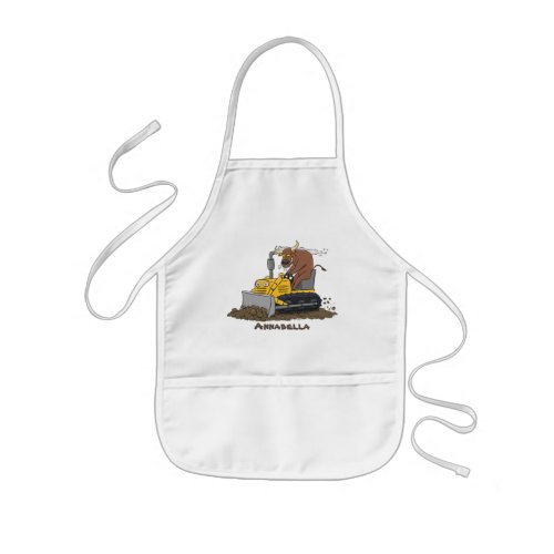 Funny bull driving bulldozer cartoon kids apron