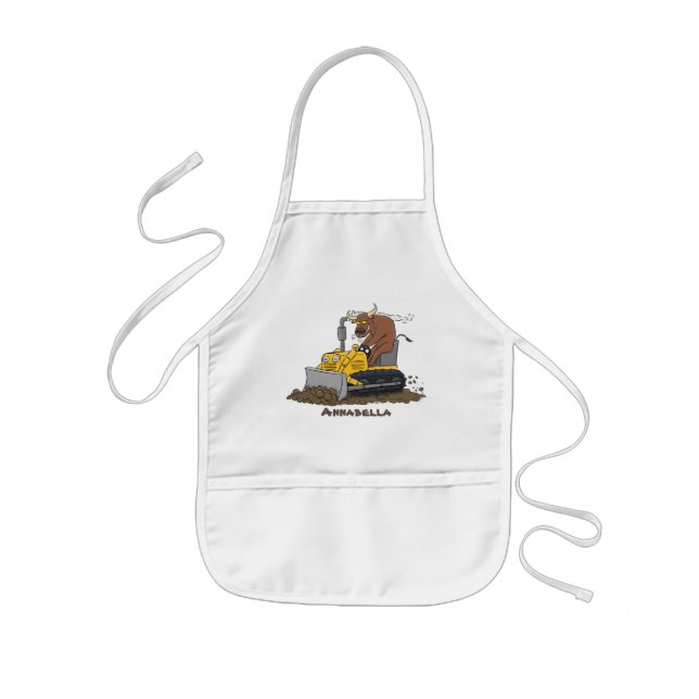 Funny bull driving bulldozer cartoon kids' apron (Front)