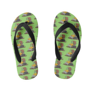 Funny bull driving bulldozer cartoon kid's flip flops