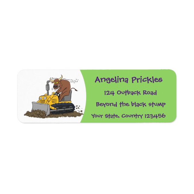 Funny bull driving bulldozer cartoon label (Front)