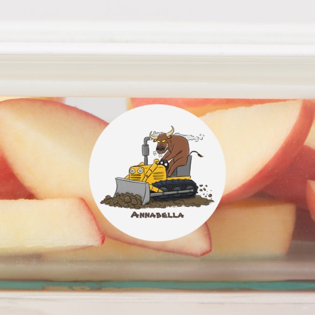 Funny bull driving bulldozer cartoon labels (Affixed)