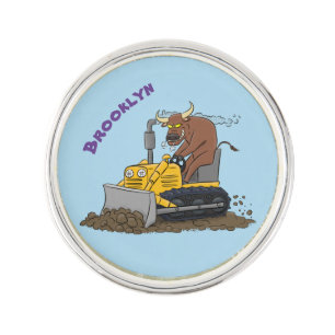 Funny bull driving bulldozer cartoon lapel pin