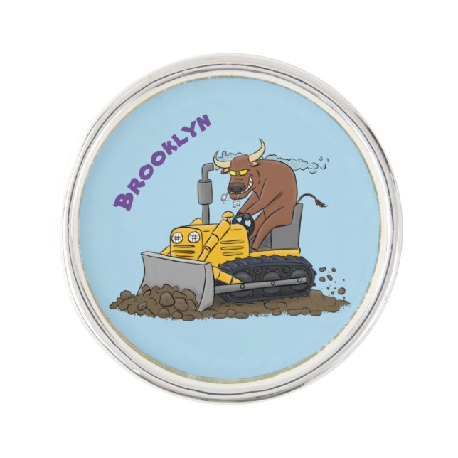 Funny bull driving bulldozer cartoon  lapel pin (Front)