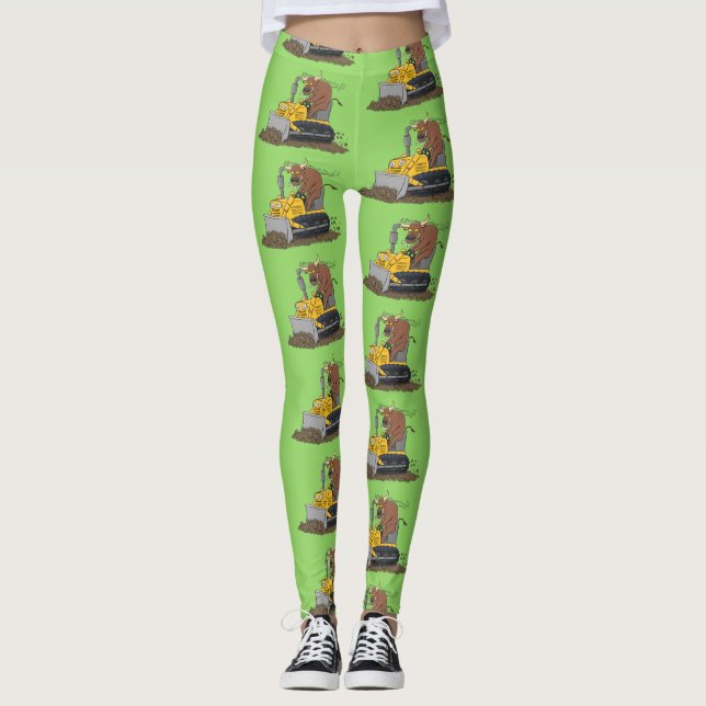 Funny bull driving bulldozer cartoon leggings (Front)