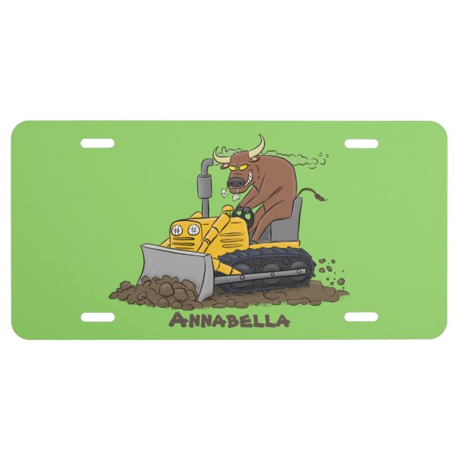 Funny bull driving bulldozer cartoon  license plate (Front)