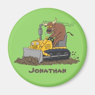 Funny bull driving bulldozer cartoon