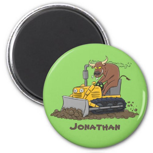 Funny bull driving bulldozer cartoon magnet