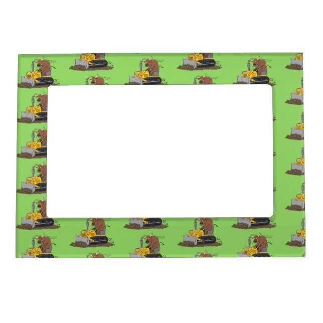 Funny bull driving bulldozer cartoon magnetic frame (Front)