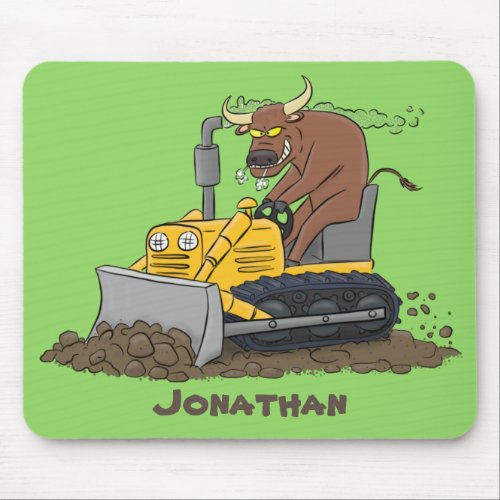 Funny bull driving bulldozer cartoon mouse pad