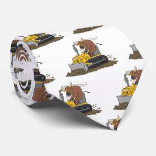 Funny bull driving bulldozer cartoon neck tie