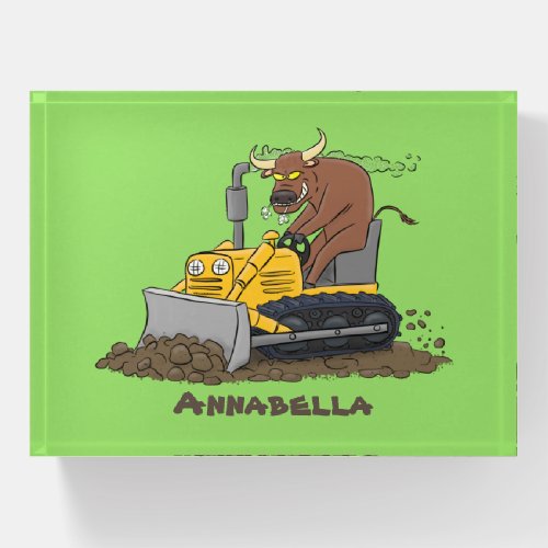 Funny bull driving bulldozer cartoon paperweight