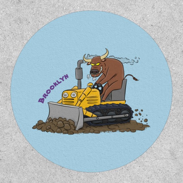 Funny bull driving bulldozer cartoon patch (Front)