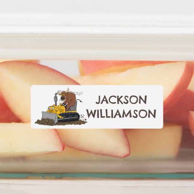 Funny bull driving bulldozer cartoon personalized labels (Affixed)