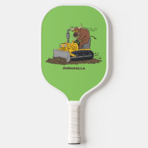 Funny bull driving bulldozer cartoon pickleball paddle