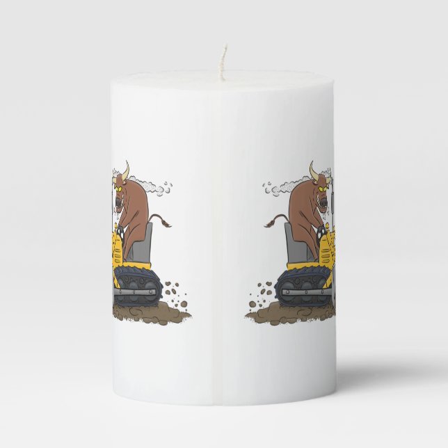 Funny bull driving bulldozer cartoon pillar candle (Back)