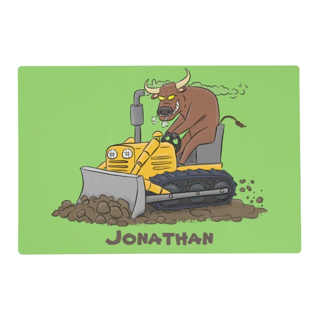 Funny bull driving bulldozer cartoon placemat (Front)