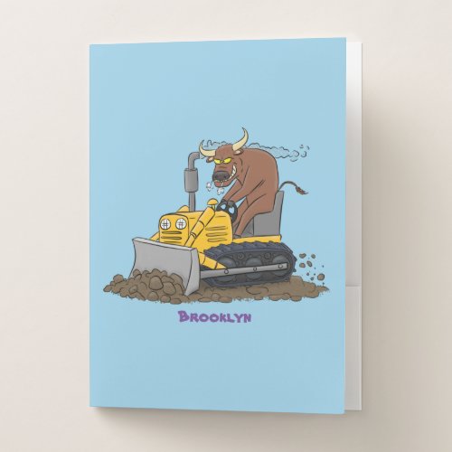 Funny bull driving bulldozer cartoon pocket folder