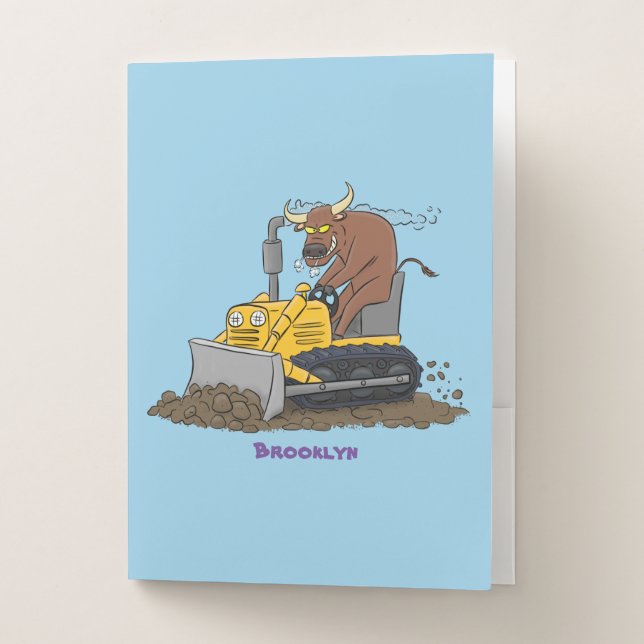 Funny bull driving bulldozer cartoon pocket folder (Front)