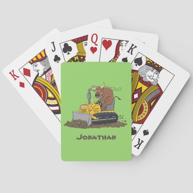 Funny bull driving bulldozer cartoon poker cards (Back)
