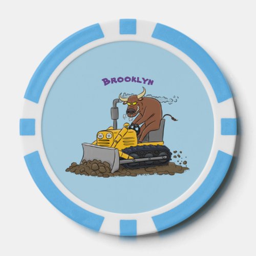Funny bull driving bulldozer cartoon poker chips