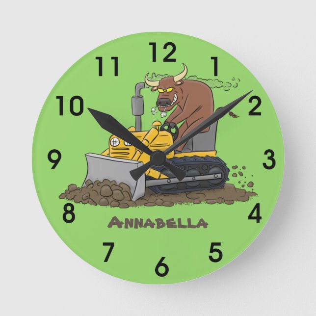 Funny bull driving bulldozer cartoon round clock (Front)