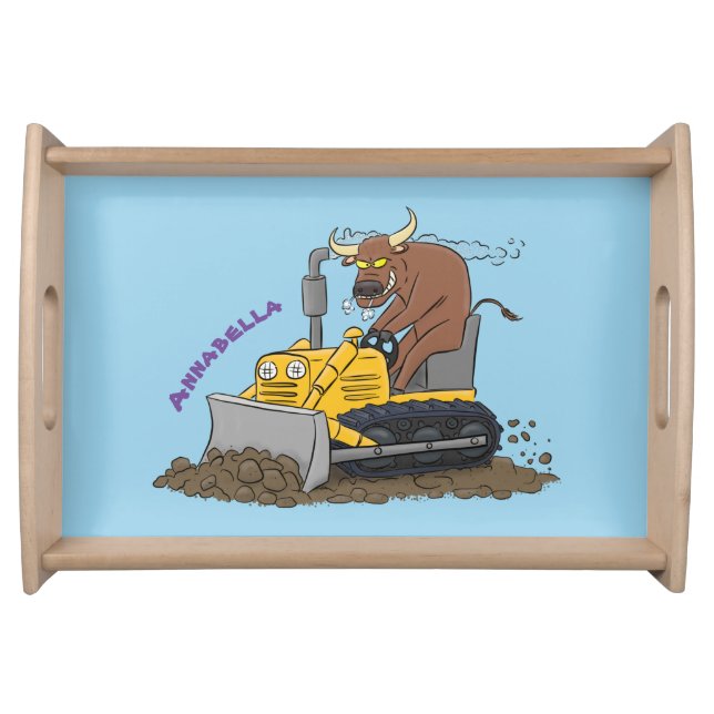 Funny bull driving bulldozer cartoon serving tray (Front)