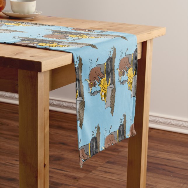 Funny bull driving bulldozer cartoon short table runner (In Situ)