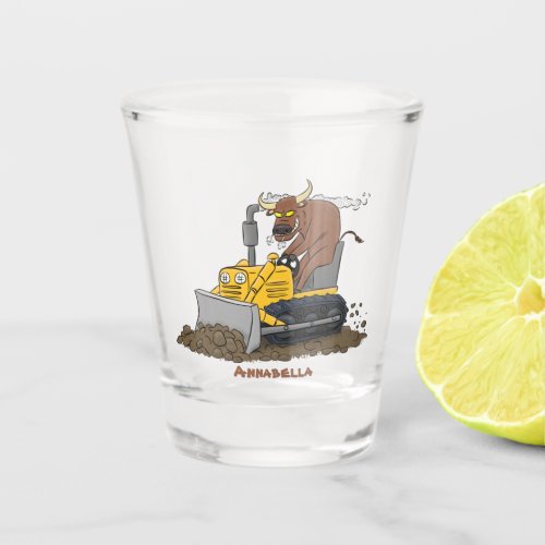 Funny bull driving bulldozer cartoon shot glass