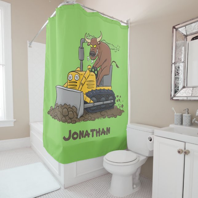Funny bull driving bulldozer cartoon shower curtain (In Situ)