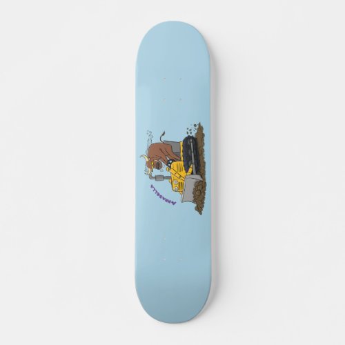 Funny bull driving bulldozer cartoon skateboard