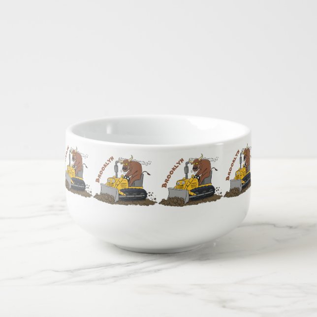 Funny bull driving bulldozer cartoon soup mug (Front)