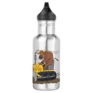 Funny bull driving bulldozer cartoon stainless steel water bottle