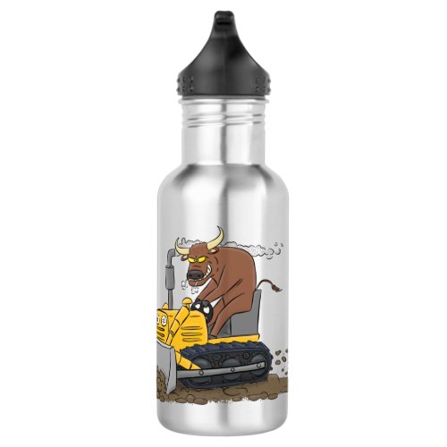 Funny bull driving bulldozer cartoon stainless steel water bottle