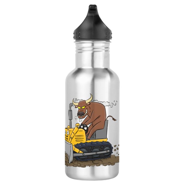 Funny bull driving bulldozer cartoon stainless steel water bottle (Right)