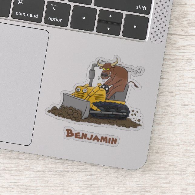 Funny bull driving bulldozer cartoon sticker (Detail)
