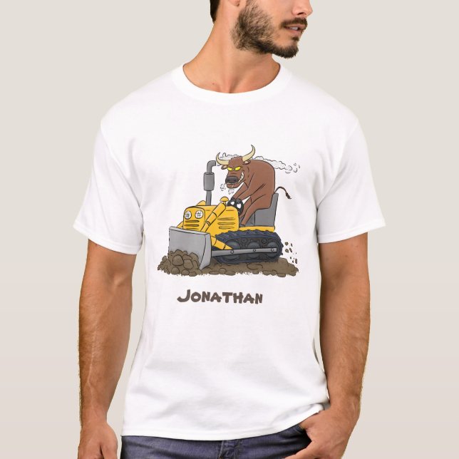 Funny bull driving bulldozer cartoon T-Shirt (Front)