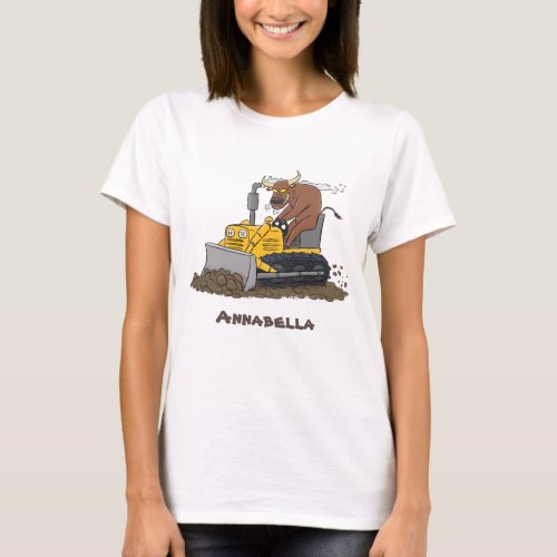 Funny bull driving bulldozer cartoon T_Shirt