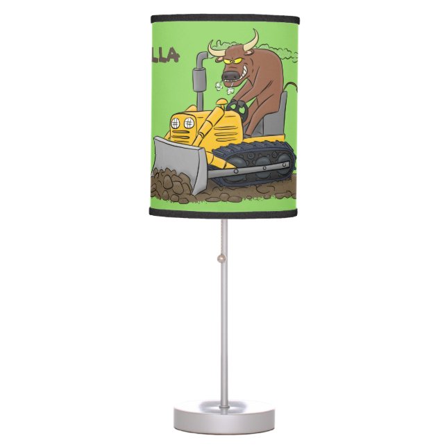 Funny bull driving bulldozer cartoon table lamp (Front)