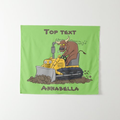 Funny bull driving bulldozer cartoon tapestry