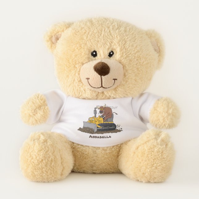 Funny bull driving bulldozer cartoon teddy bear (Front)