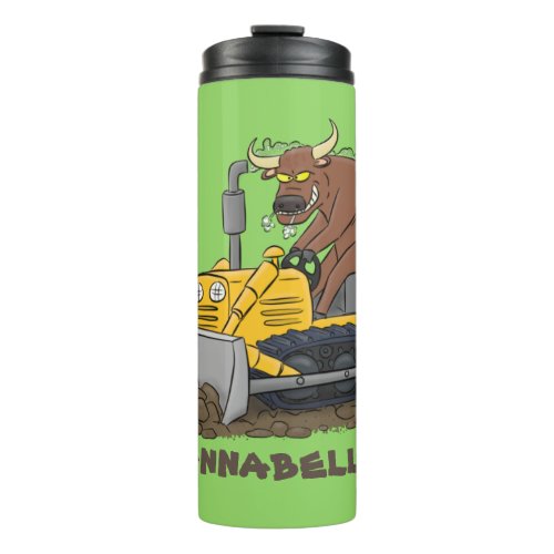 Funny bull driving bulldozer cartoon thermal tumbler