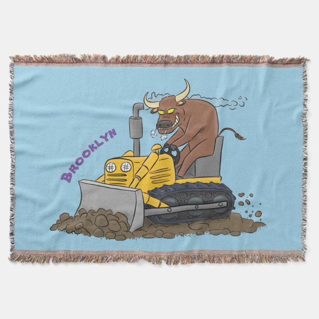 Funny bull driving bulldozer cartoon throw blanket (Front)