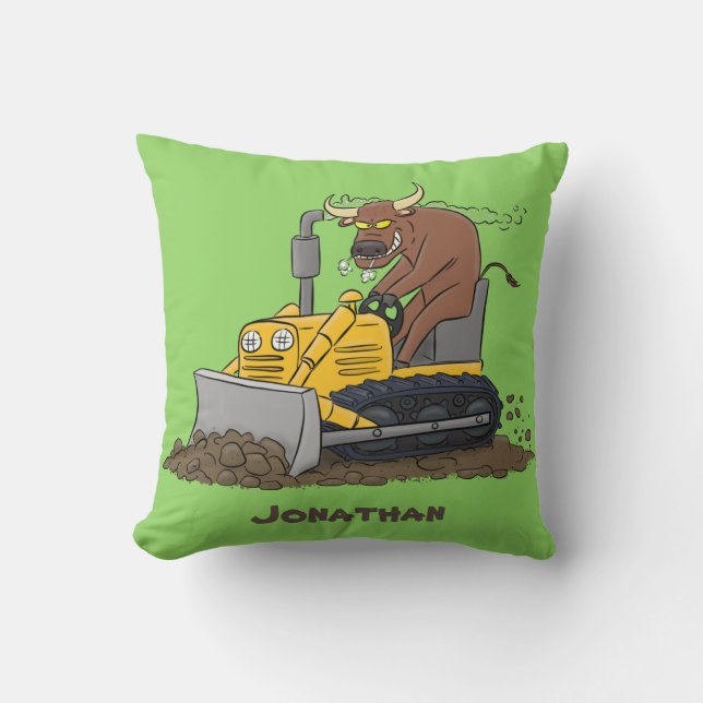 Funny bull driving bulldozer cartoon throw pillow (Front)